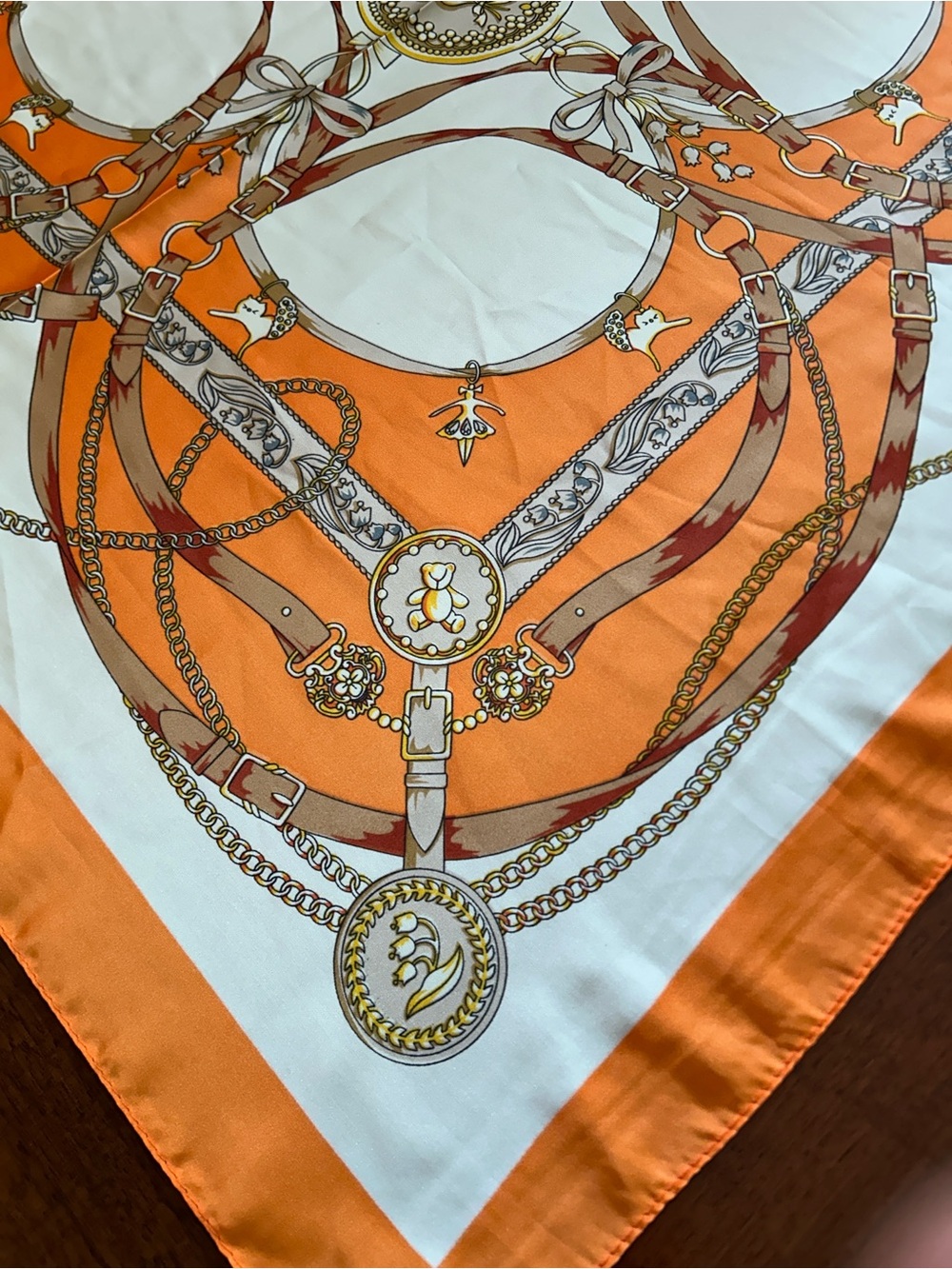 Orange and White Equestrian Print Silk-Feel Scarf 29“ x 29“ multicolored